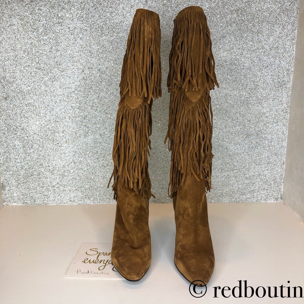 Saint Laurent Tan Suede Fringe Knee-High Heeled Boots - Picture 4 of 8